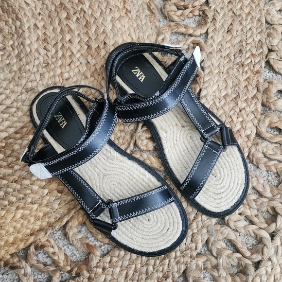 Zara Flat Jute Espadrille Slingback Strappy Black Sandal Boho Vacation Retro 39 - Picture 2 of 8